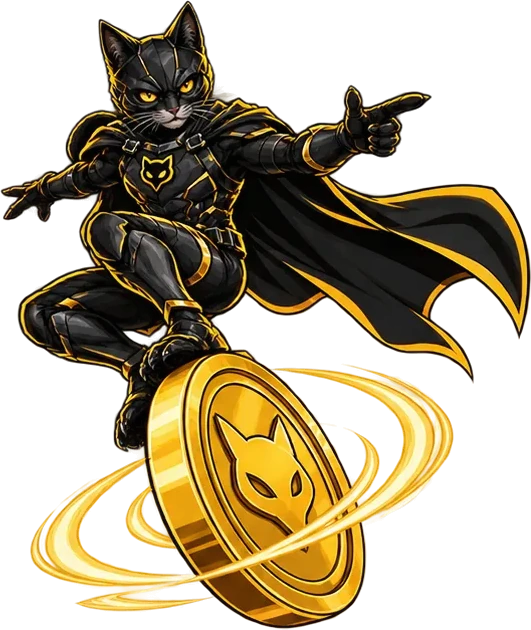 Batkit riding a spinning gold coin like a skateboard, pointing ahead