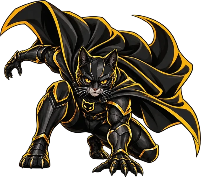 Batkit crouched low, one clawed paw reaching forward, cape flaring